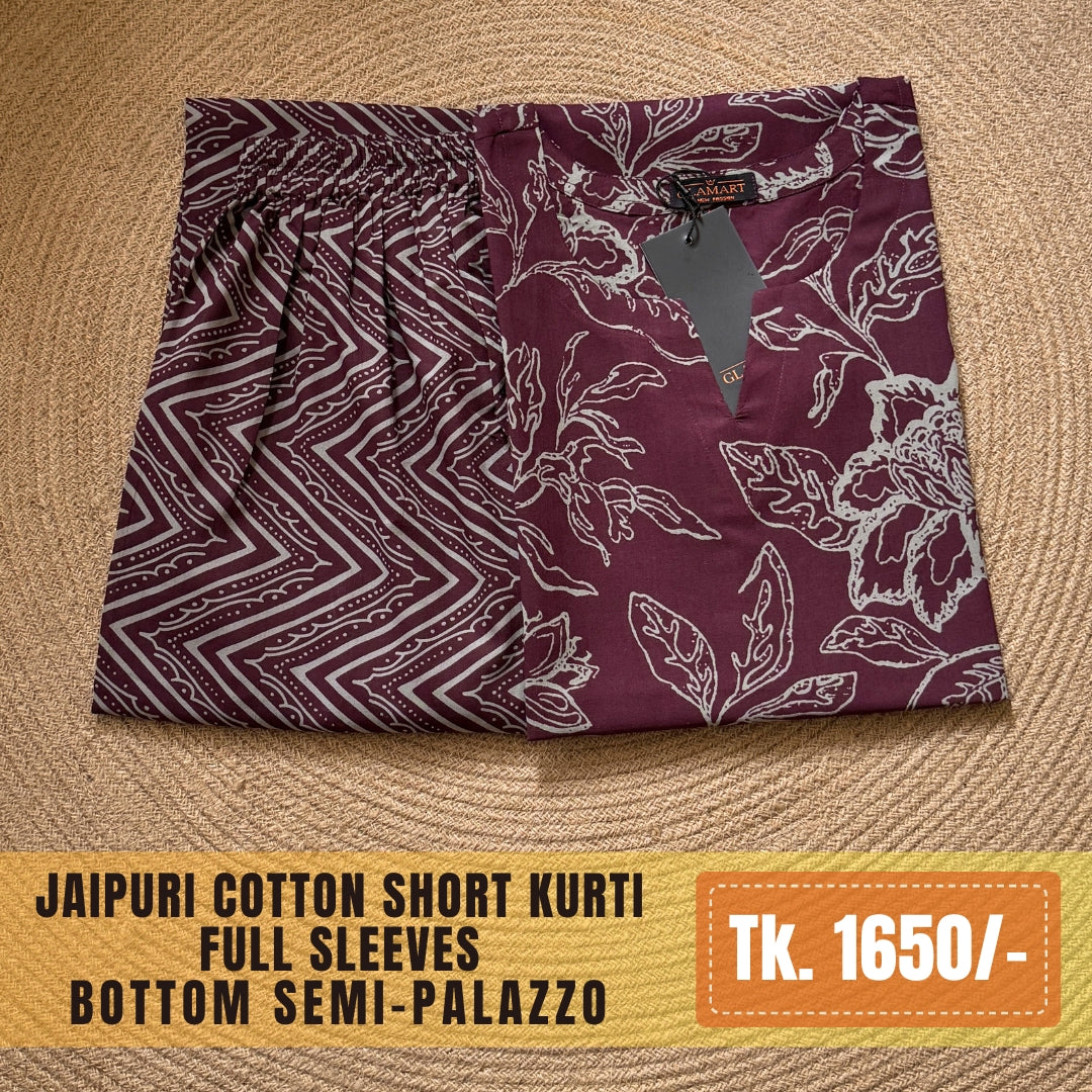 Jaipuri Cotton Co-Ord Set – Deep Wine Floral & Zig-Zag Print