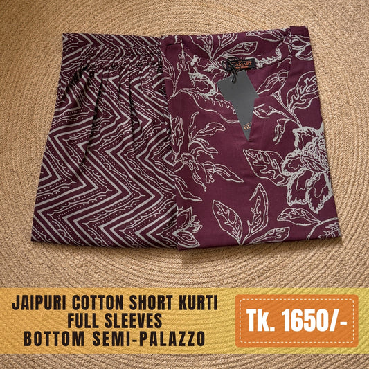 Jaipuri Cotton Co-Ord Set – Deep Wine Floral & Zig-Zag Print