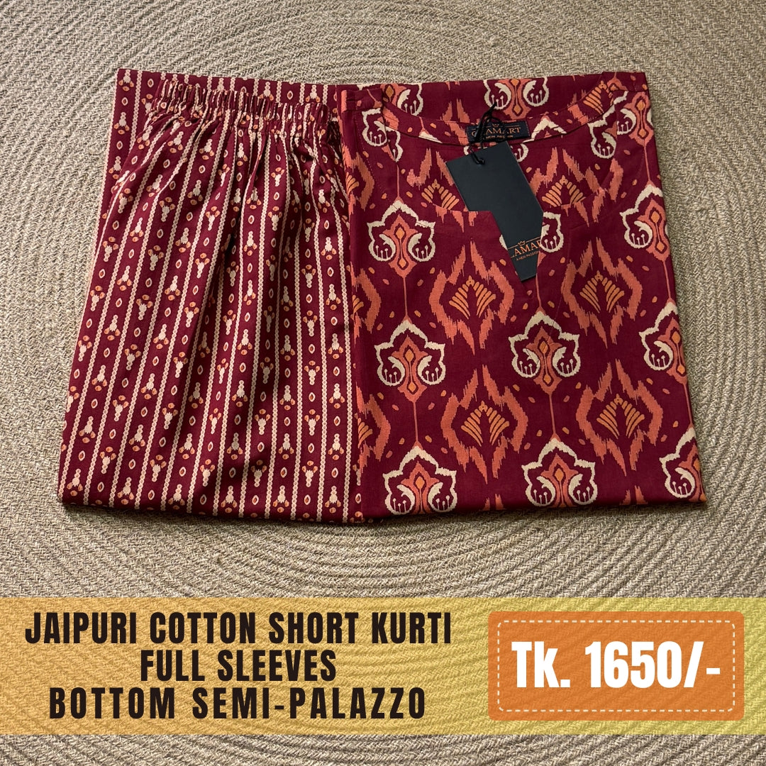 Jaipuri Cotton Co-Ord Set – Maroon Ikat Print