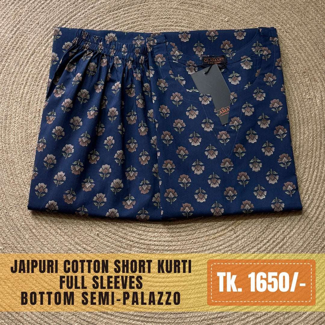 Jaipuri Cotton Co-Ord Set – Navy Floral Buti