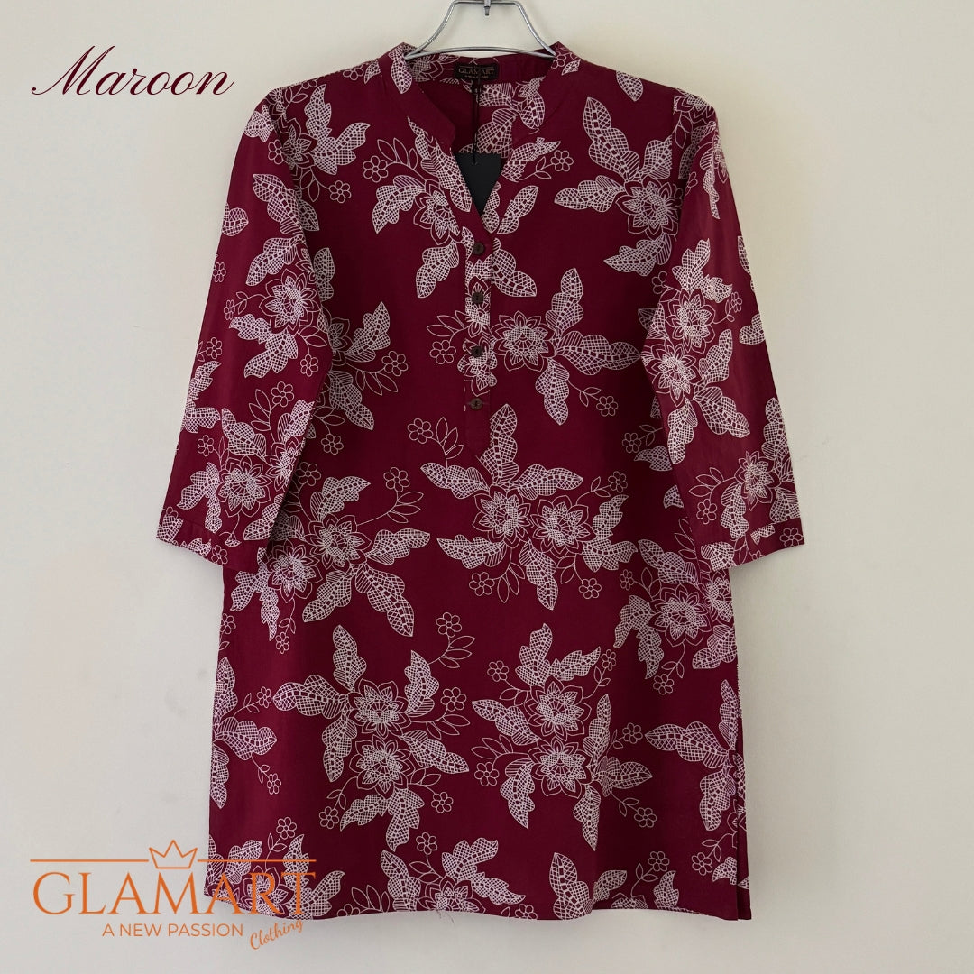 Jaipuri Cotton Short Kurti Co-ord Set – Maroon Floral Print