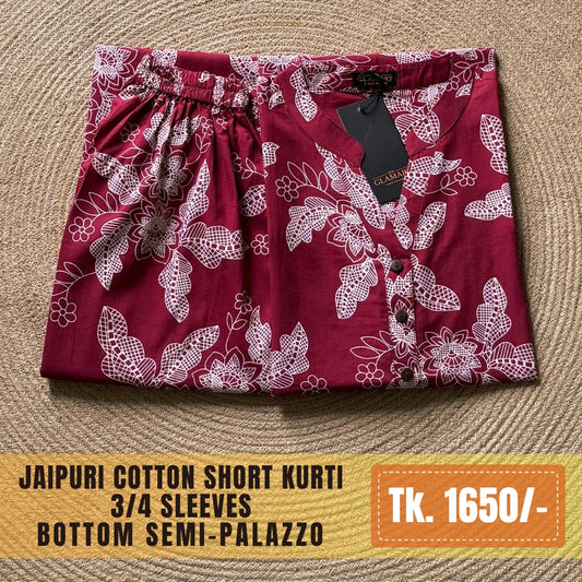 Jaipuri Cotton Short Kurti Co-ord Set – Maroon Floral Print