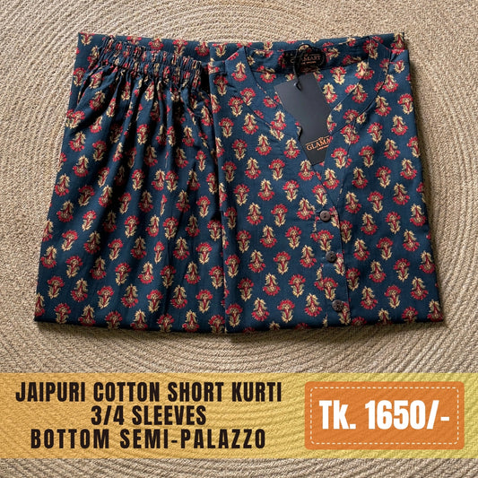 Jaipuri Cotton Short Kurti Co-ord Set – Navy Blue Floral Print