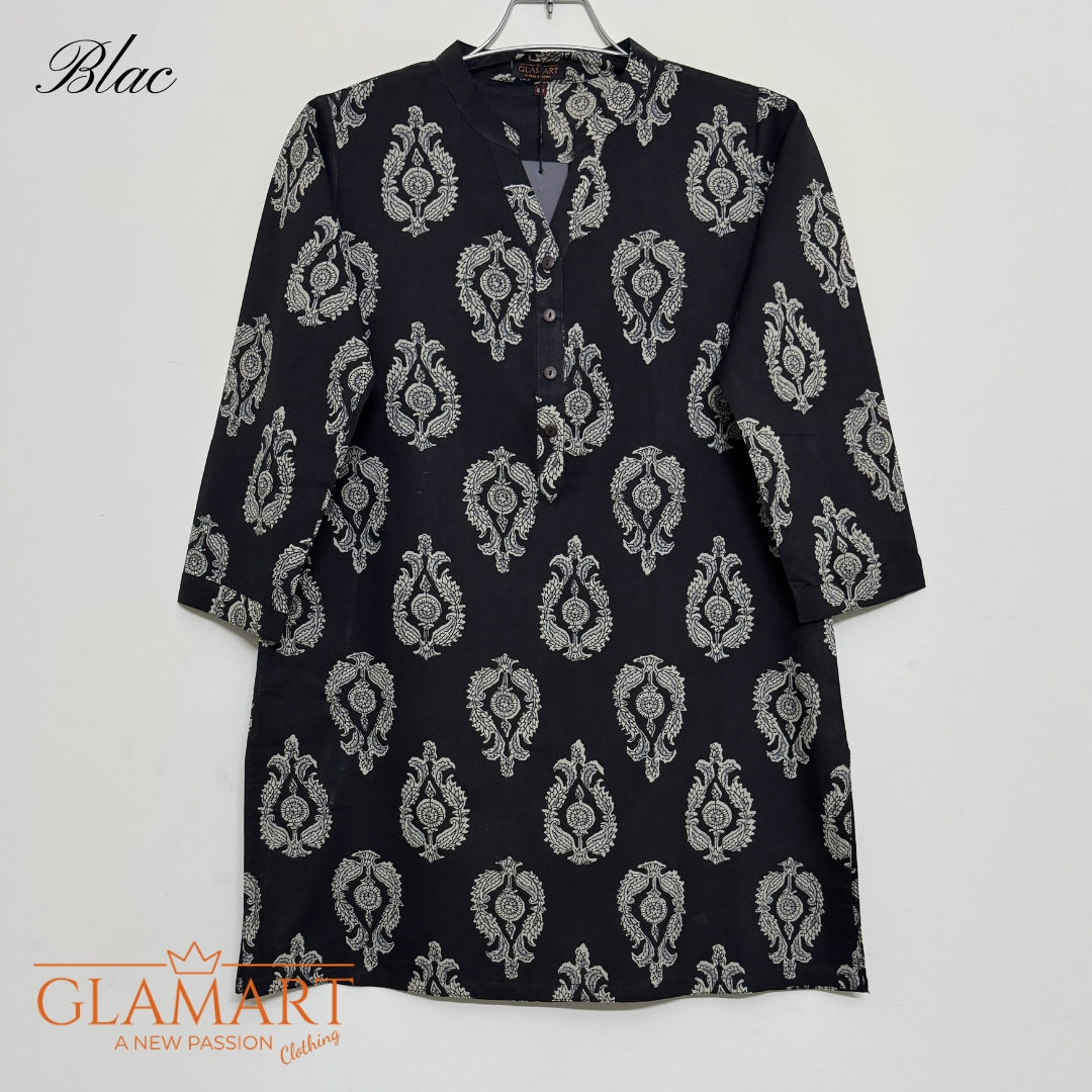 Jaipuri Cotton Short Kurti Co-ord Set – Black Paisley Print