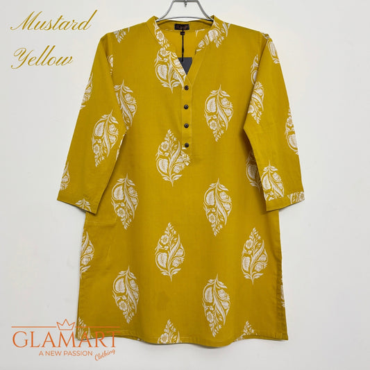 Jaipuri Cotton Short Kurti Co-ord Set – Mustard Yellow Leaf Print