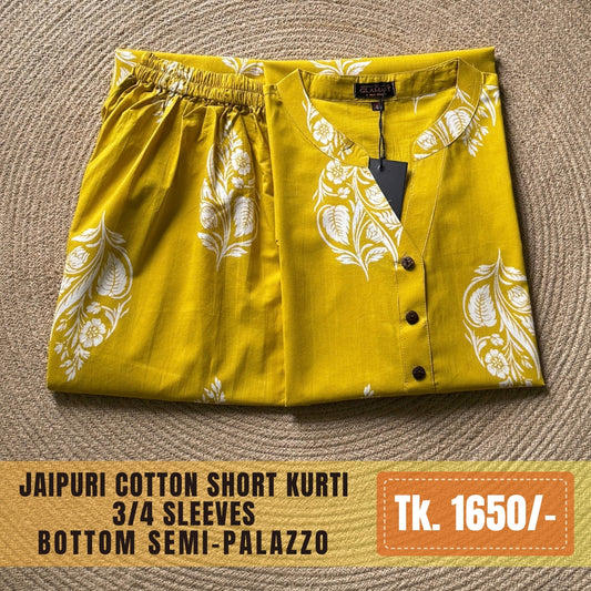 Jaipuri Cotton Short Kurti Co-ord Set – Mustard Yellow Leaf Print