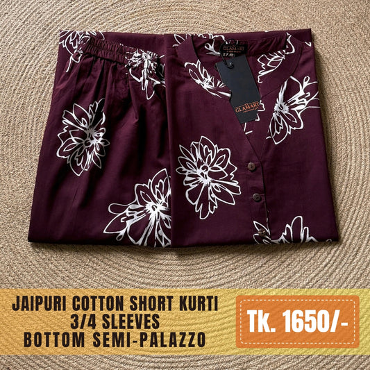 Jaipuri Cotton Short Kurti Co-ord Set – Dark Burgundy Floral Print