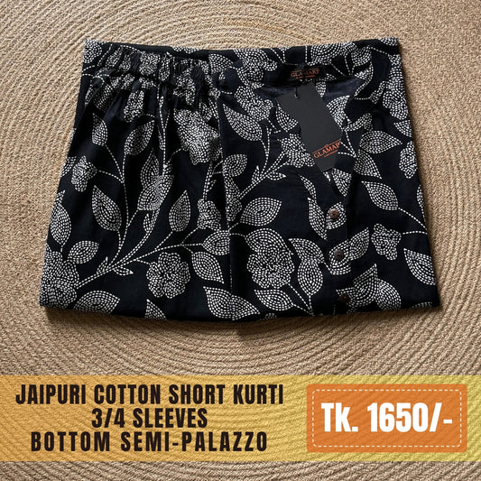 Jaipuri Cotton Short Kurti Co-ord Set – Black Floral Vine Print
