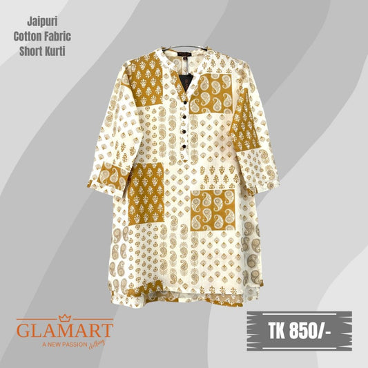 Jaipuri Cotton Short Kurti – Off-White Base Mustard Paisley Square Print | SK0019