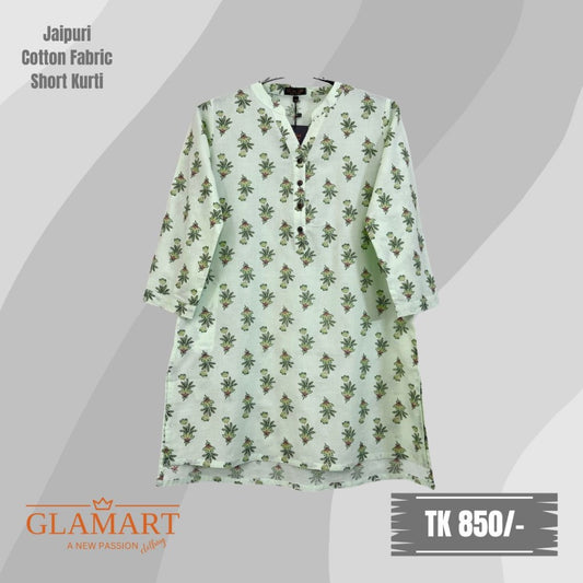 Jaipuri Cotton Short Kurti – Mint Green Leaf Print | Design SK0001