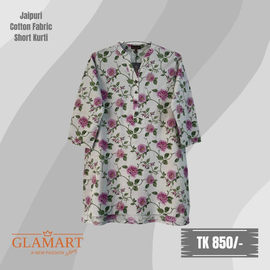 Jaipuri Cotton Short Kurti – Light-Grey with Purple Rose Print | SK0002