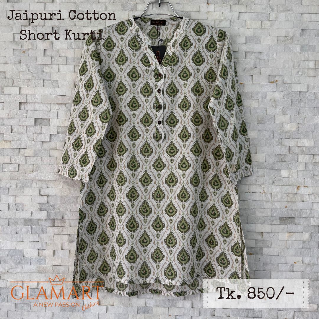 Jaipuri Cotton Short Kurti – Olive Green Leaf Motif Print | SK0004