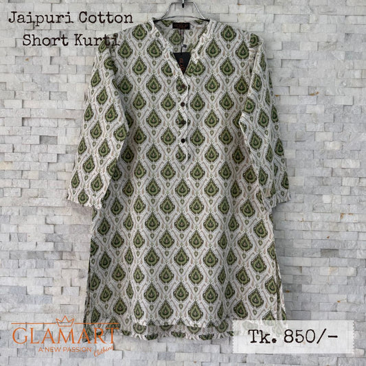 Jaipuri Cotton Short Kurti – Olive Green Leaf Motif Print | SK0004