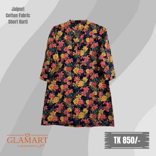 Jaipuri Cotton Short Kurti – Black Yellow Pink Floral Print | SK0008