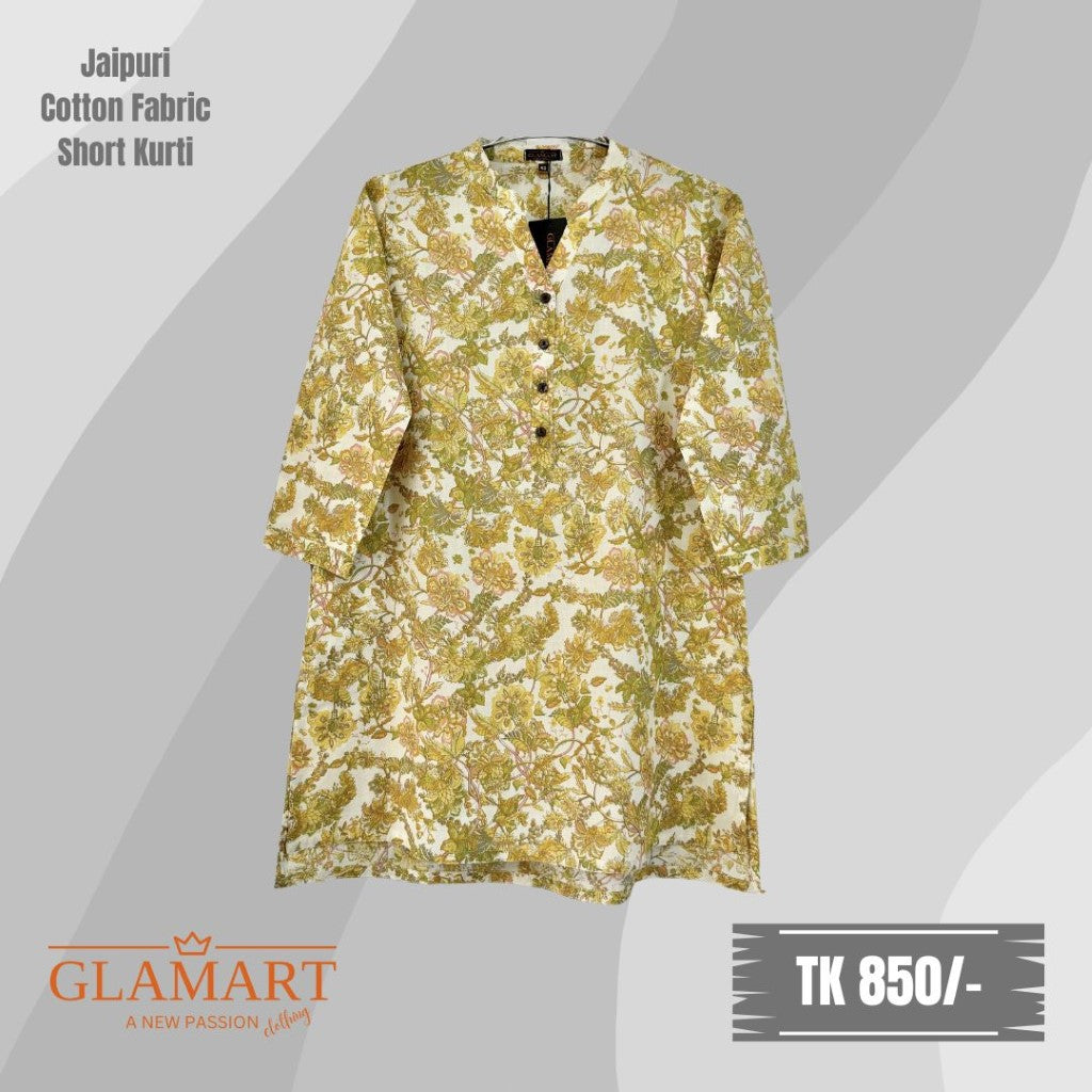 Jaipuri Cotton Short Kurti – Off-white Olive Yellow Floral Print | SK0009