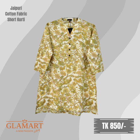 Jaipuri Cotton Short Kurti – Off-white Olive Yellow Floral Print | SK0009