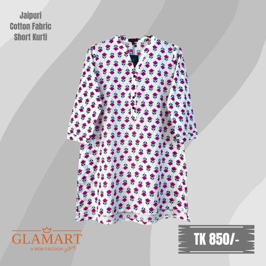 Jaipuri Cotton Short Kurti – White Base & Pink Floral Print | SK0011