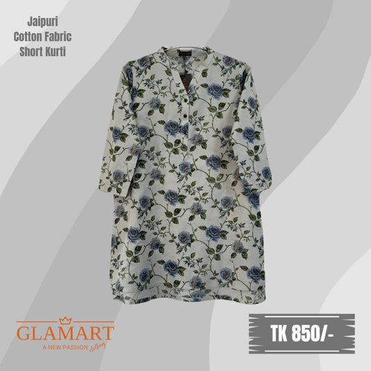 Jaipuri Cotton Short Kurti – Light-Grey Base with Blue Rose Print | SK0012