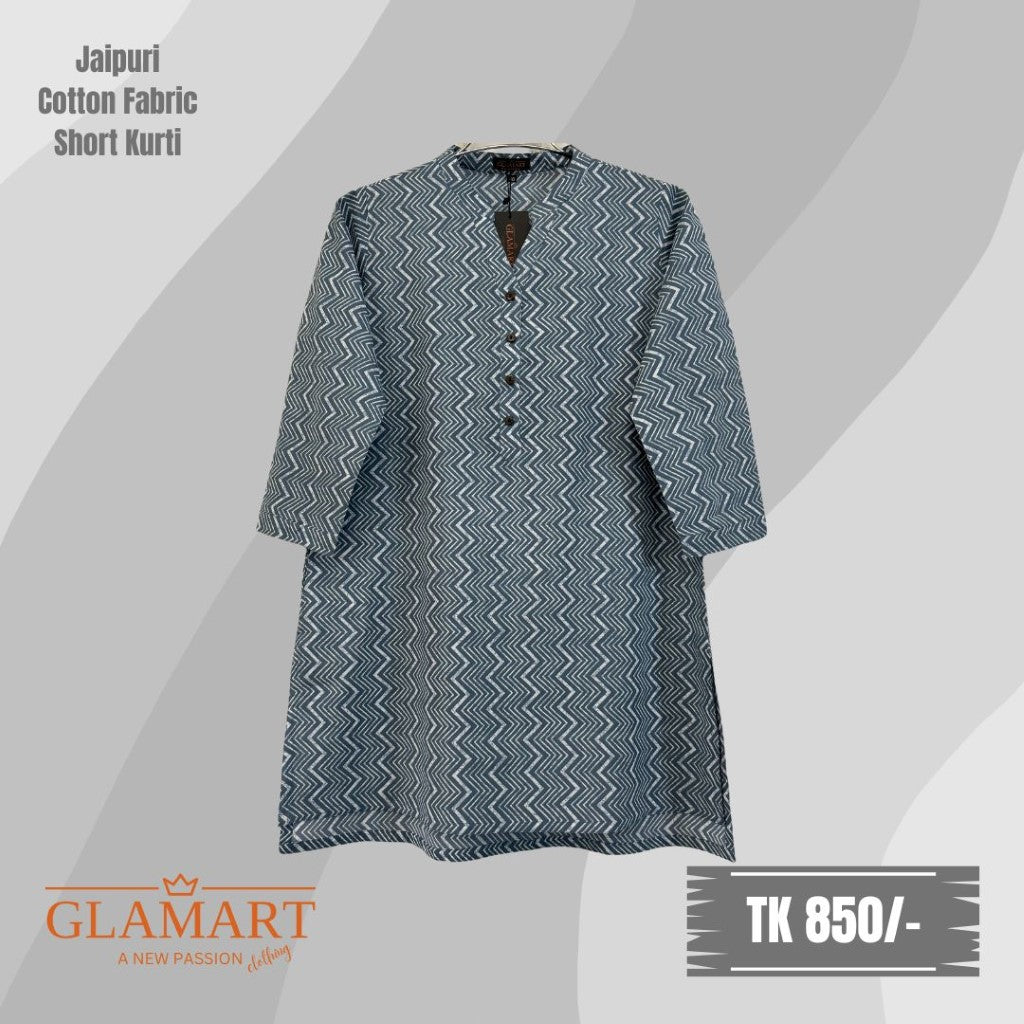 Jaipuri Cotton Short Kurti – Grey Zig-Zag Print | SK0013
