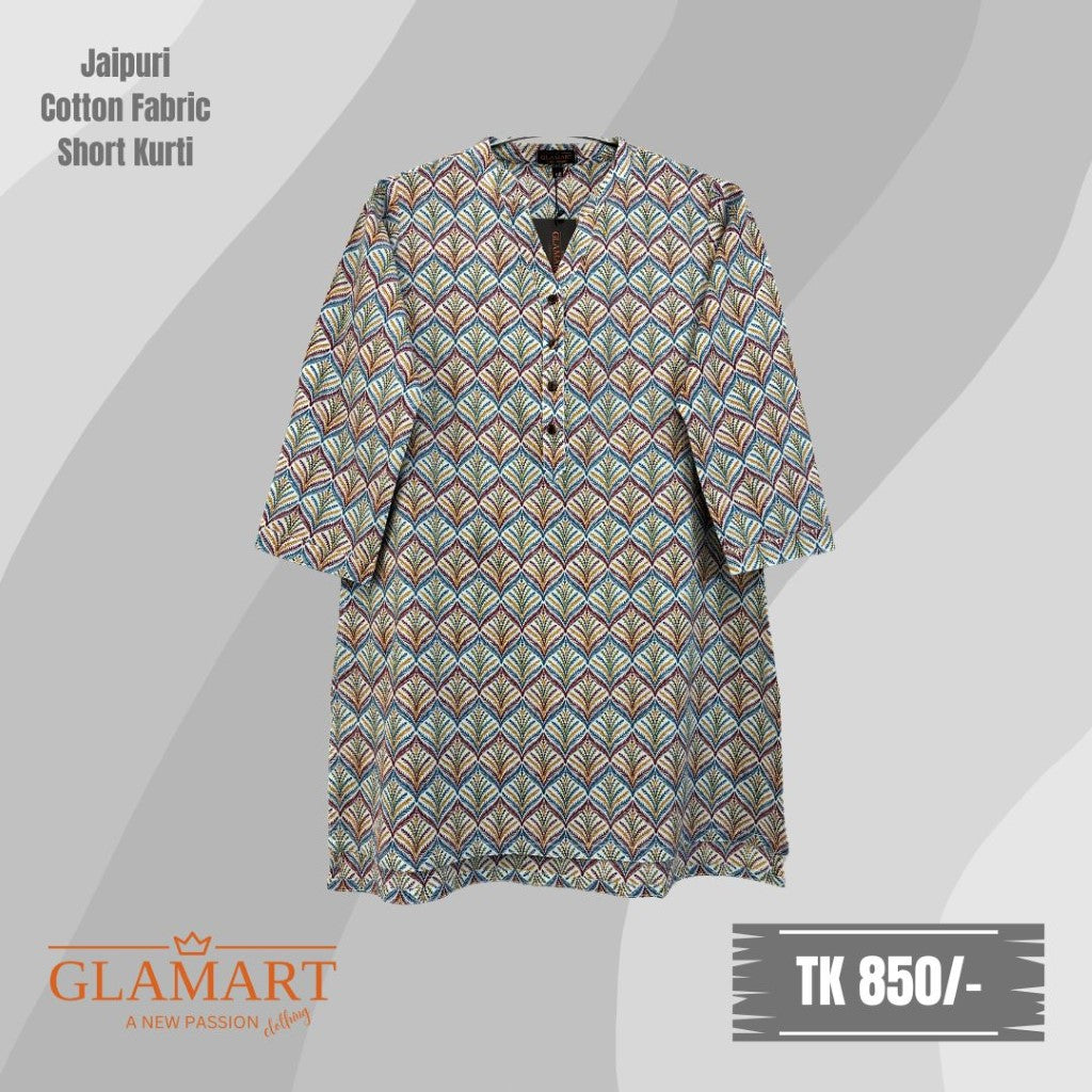 Jaipuri Cotton Short Kurti – White Base Multi-Color Geometric Print | SK0014