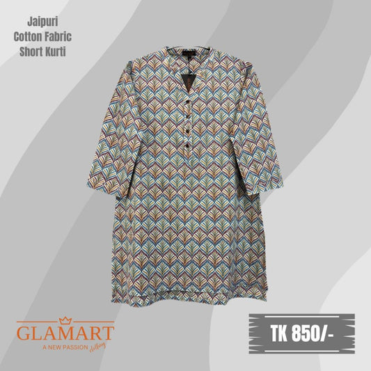 Jaipuri Cotton Short Kurti – White Base Multi-Color Geometric Print | SK0014