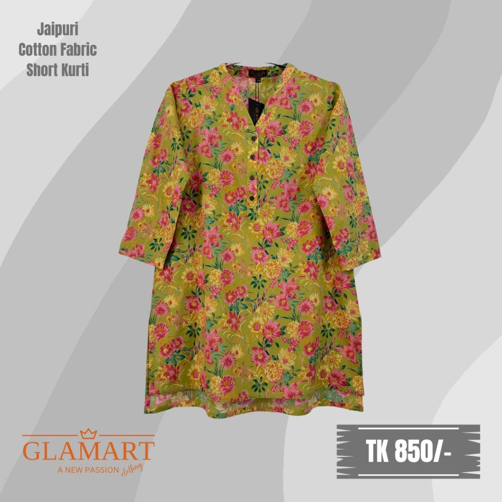 Jaipuri Cotton Short Kurti – Olive Green Base Multi-Color Floral Print | SK0015