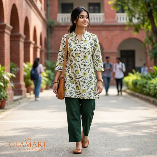 Jaipuri Cotton Short Kurti – White Base Lemon Green Floral Print | SK0016