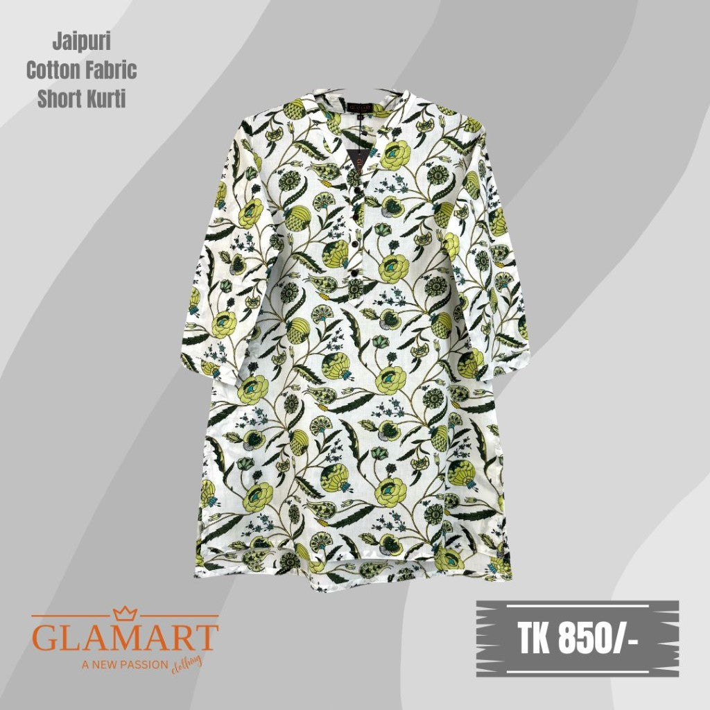 Jaipuri Cotton Short Kurti – White Base Lemon Green Floral Print | SK0016