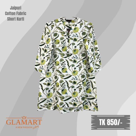 Jaipuri Cotton Short Kurti – White Base Lemon Green Floral Print | SK0016