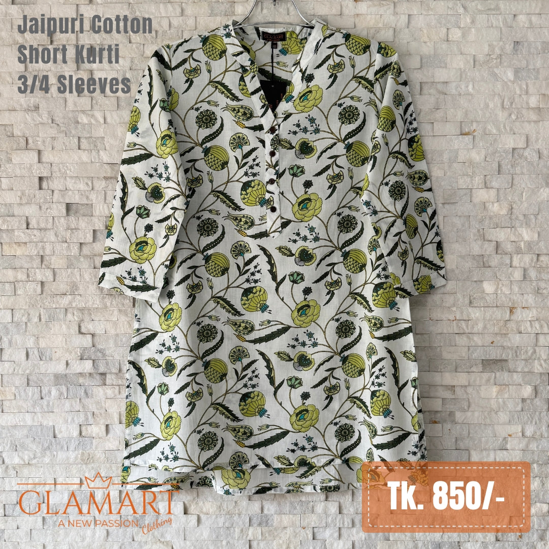 Jaipuri Cotton Short Kurti – White Base Lemon Green Floral Print | SK0016