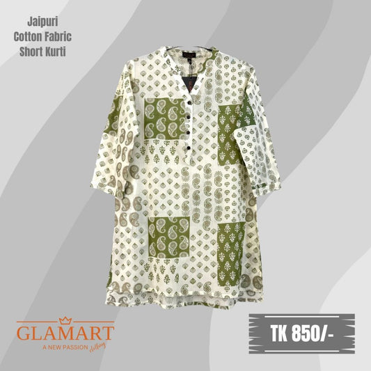 Jaipuri Cotton Short Kurti – Off-White Base Green Paisley Square Print | SK0018