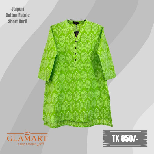 Jaipuri Cotton Short Kurti – Lemon Green Geometric Print | SK0020