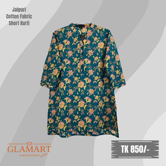 Jaipuri Cotton Short Kurti – Green Base Yellow Pink Floral Print | SK0021