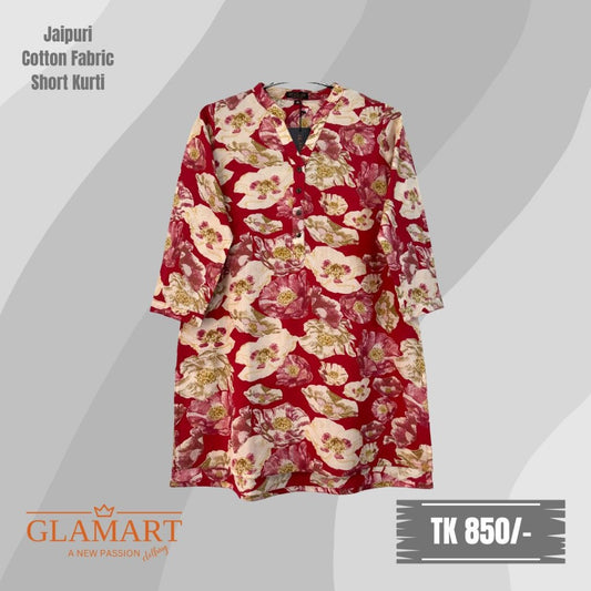 Jaipuri Cotton Short Kurti – Red & Cream Big Floral Print | SK0022
