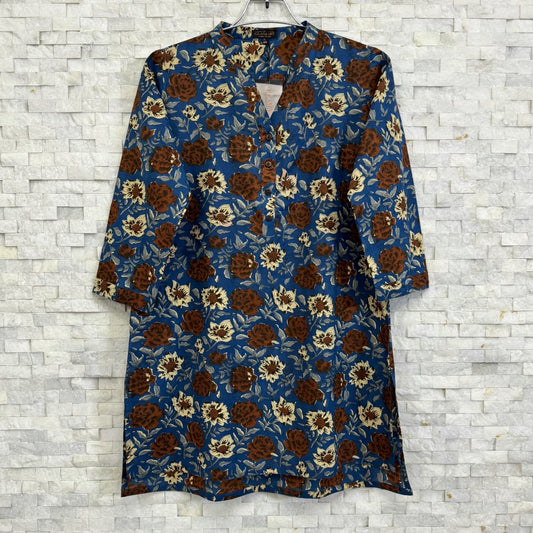 Jaipuri Cotton Short Kurti – Dark Blue Base Brown Cream Floral Print | SK0024