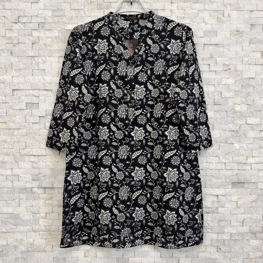 Jaipuri Cotton Short Kurti – Black & White Floral Print | SK0025