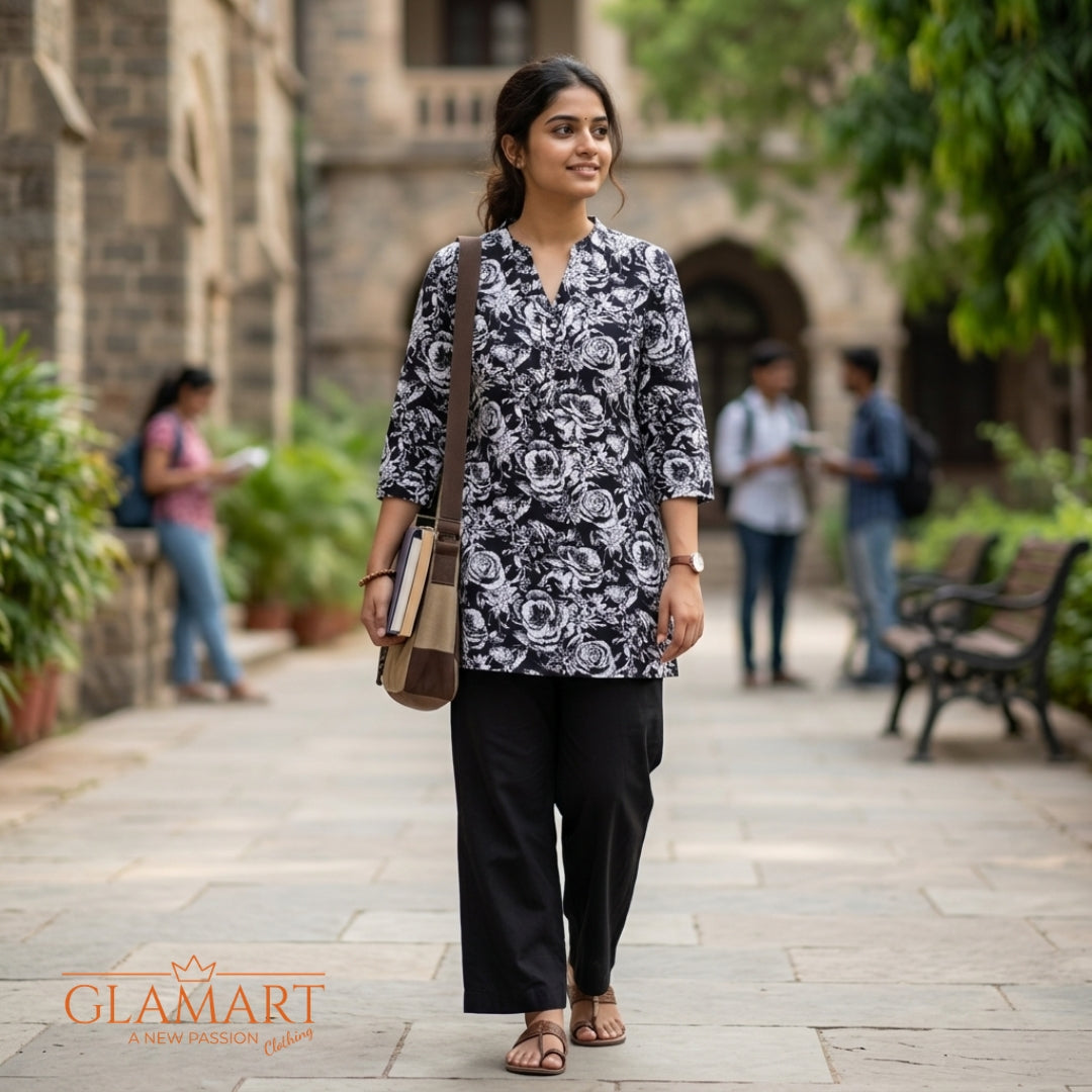 Jaipuri Cotton Short Kurti – Black & White Floral Print | SK0026