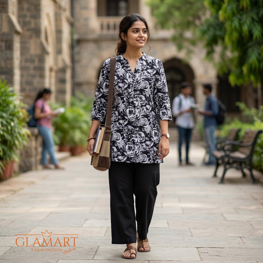 Jaipuri Cotton Short Kurti – Black & White Floral Print | SK0026