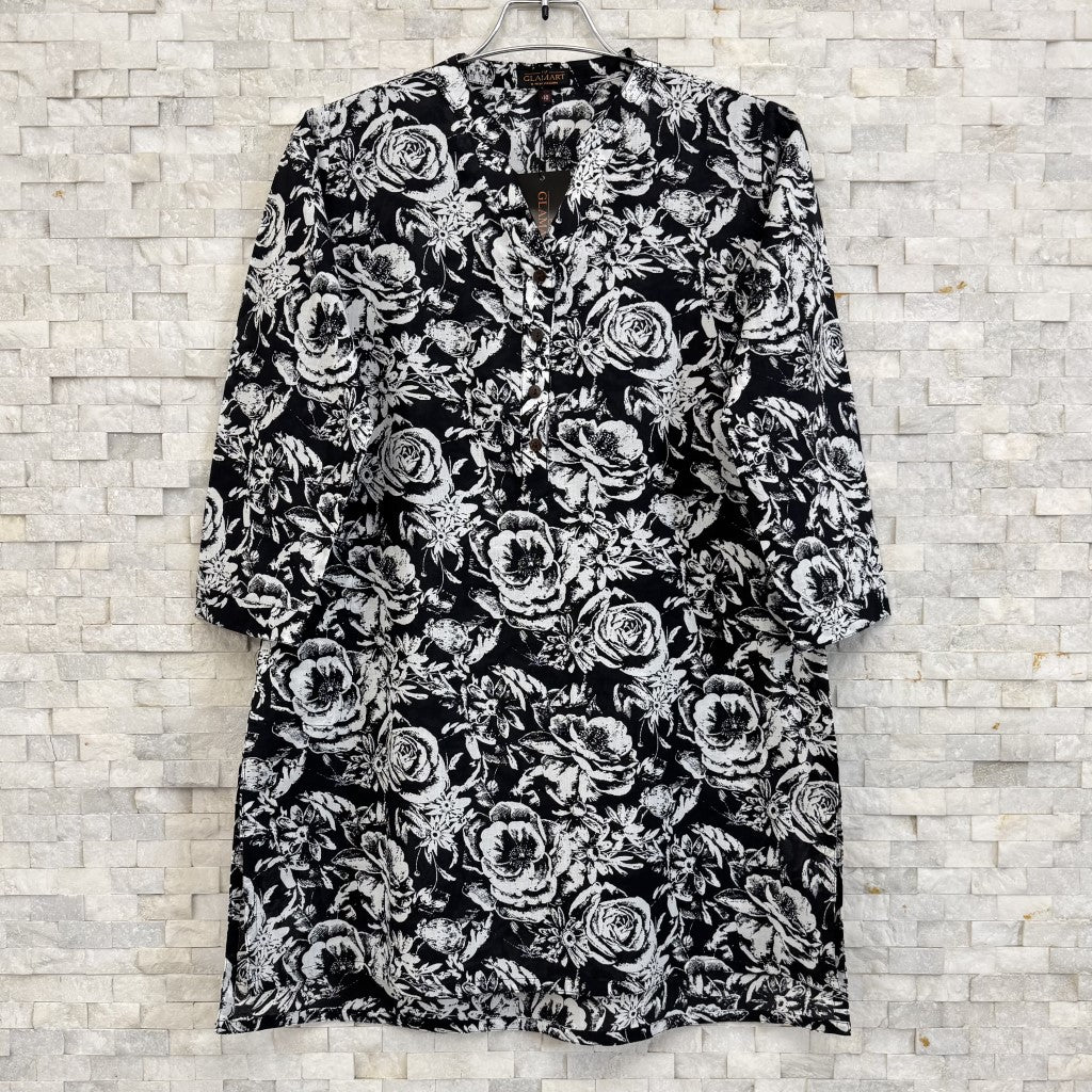 Jaipuri Cotton Short Kurti – Black & White Floral Print | SK0026