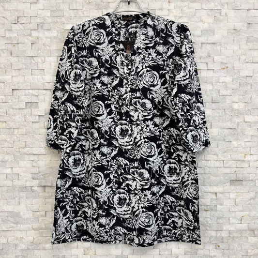 Jaipuri Cotton Short Kurti – Black & White Floral Print | SK0026