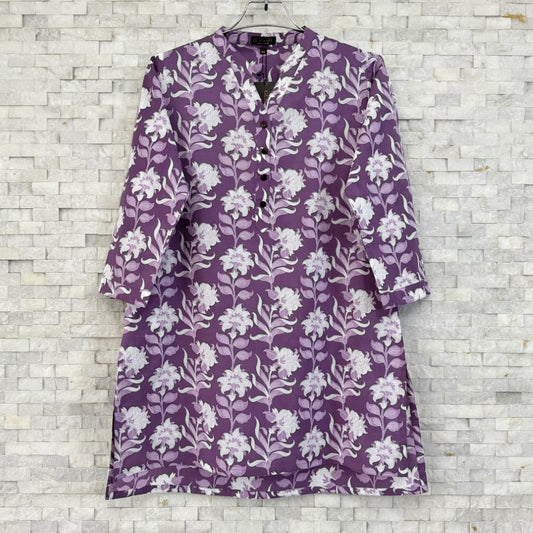 Jaipuri Cotton Short Kurti – Elegant Purple & White Floral Print | SK0028