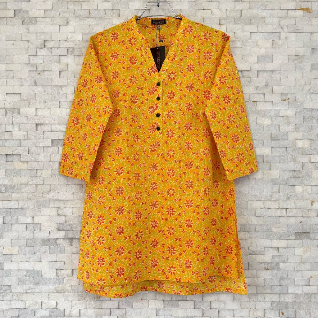 Jaipuri Cotton Short Kurti – Bright Yellow & Orange Floral Print | SK0030