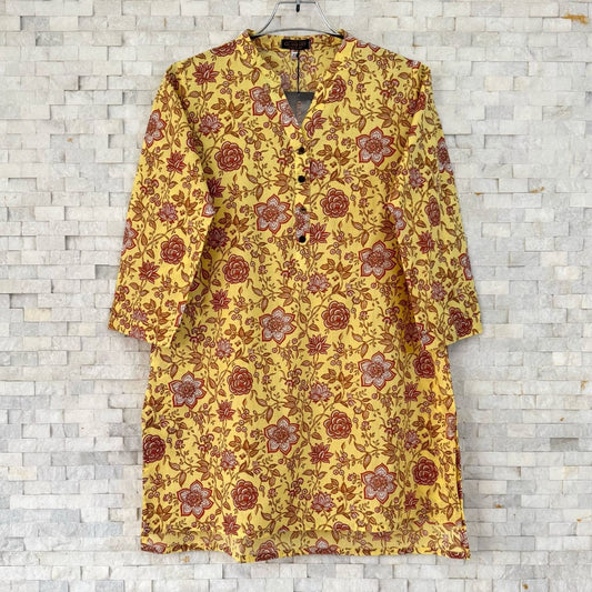 Jaipuri Cotton Short Kurti – Light Yellow & Rust Floral Print | SK0031