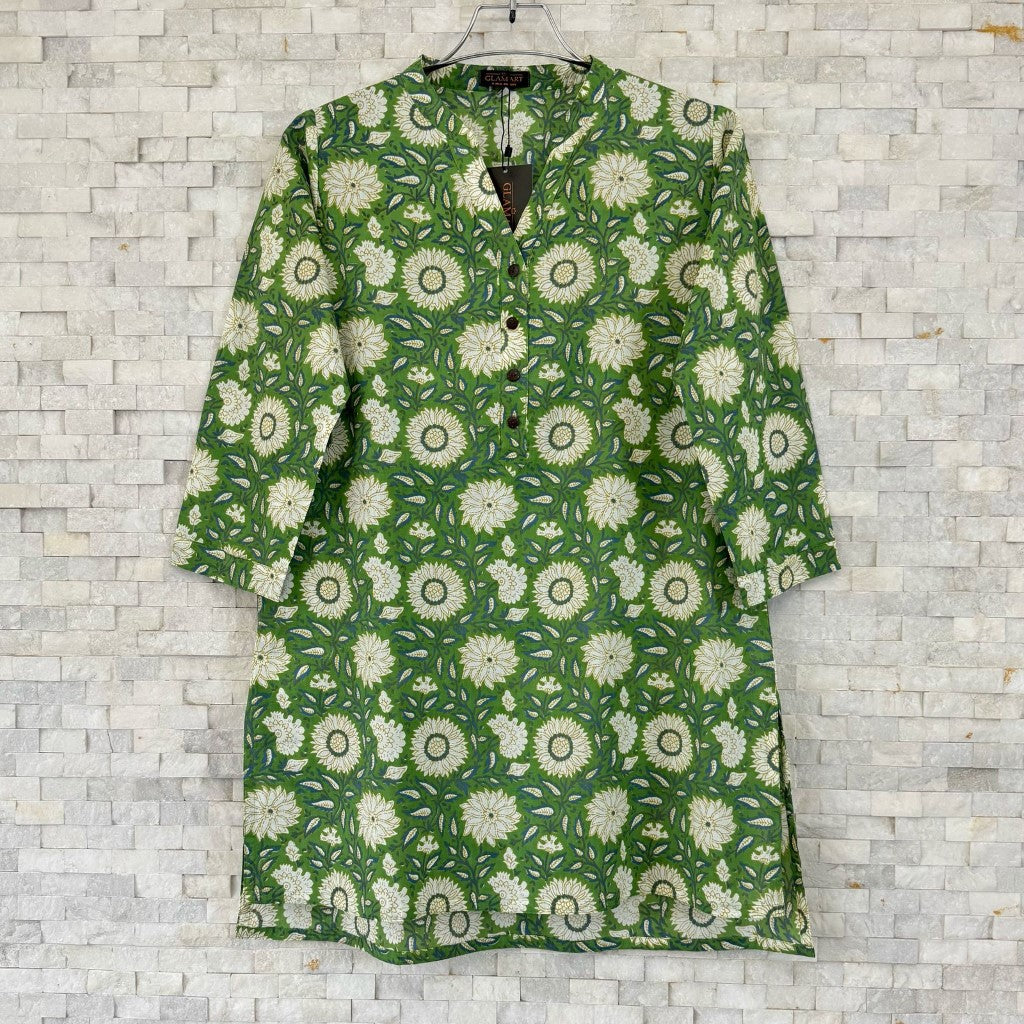 Jaipuri Cotton Short Kurti – Emerald Green & White Floral Print | SK0032