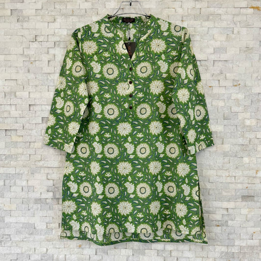Jaipuri Cotton Short Kurti – Emerald Green & White Floral Print | SK0032