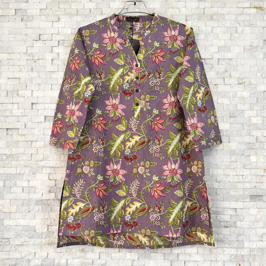 Jaipuri Cotton Short Kurti – Lilac & Multicolor Floral Print | SK0033