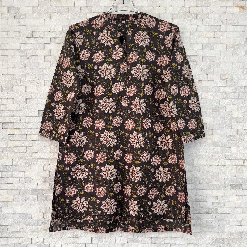 Jaipuri Cotton Short Kurti – Smoky Black Base & Beige Cream Floral Print | SK0034