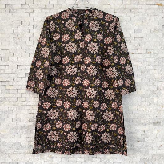 Jaipuri Cotton Short Kurti – Smoky Black Base & Beige Cream Floral Print | SK0034