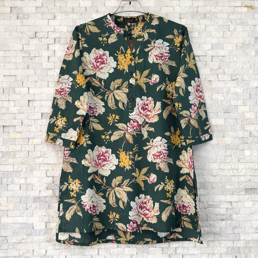 Jaipuri Cotton Short Kurti – Forest Green & Pink Floral Print | SK0035