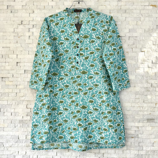 Jaipuri Cotton Short Kurti – Aqua & Green Floral Print | SK0036